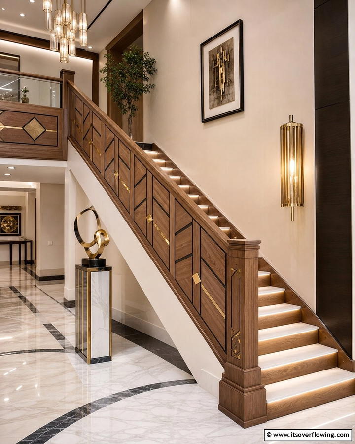 Customizable Wood Railing with Inlays - 30 Wood Stair Railing Ideas for Warm Architectural Detail