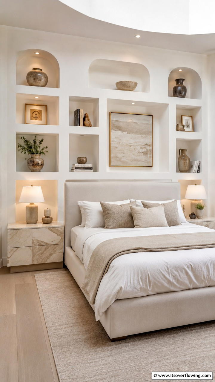 Customized Built In Niches - 30 Bedroom Shelving Ideas for Storage and Display
