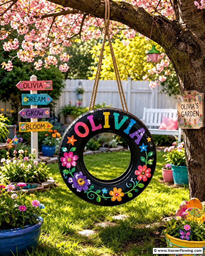 Customized Name Tire Swing - 20 Tire Swing Ideas for Fun Outdoor Spaces