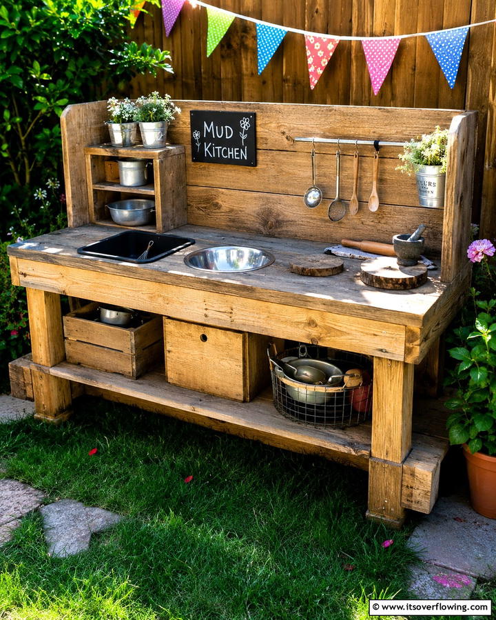DIY Mud Kitchen Bench - 30 Mud Kitchen Ideas to Inspire Outdoor Kids’ Play