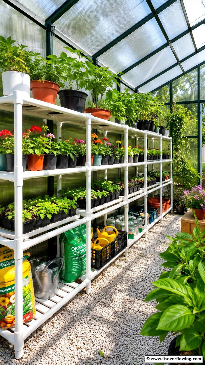 DIY PVC Pipe Shelves for Potting - 30 Greenhouse Shelving Ideas- Organized Plant Storage