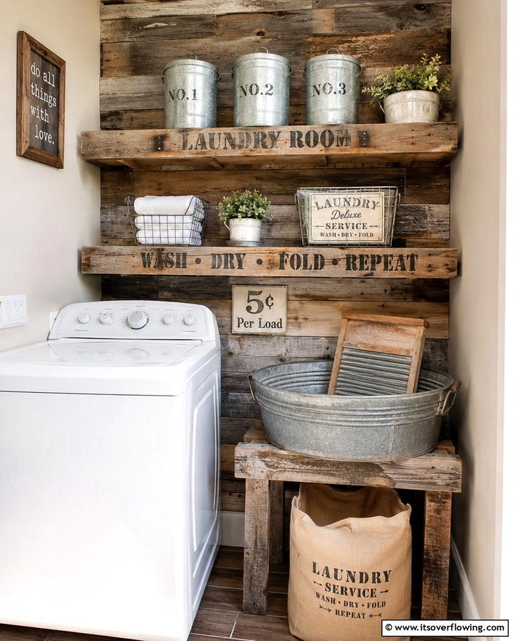 DIY Pallet Wood Laundry Shelves - 30 Laundry Room Shelf Ideas- Maximize Storage & Efficiency