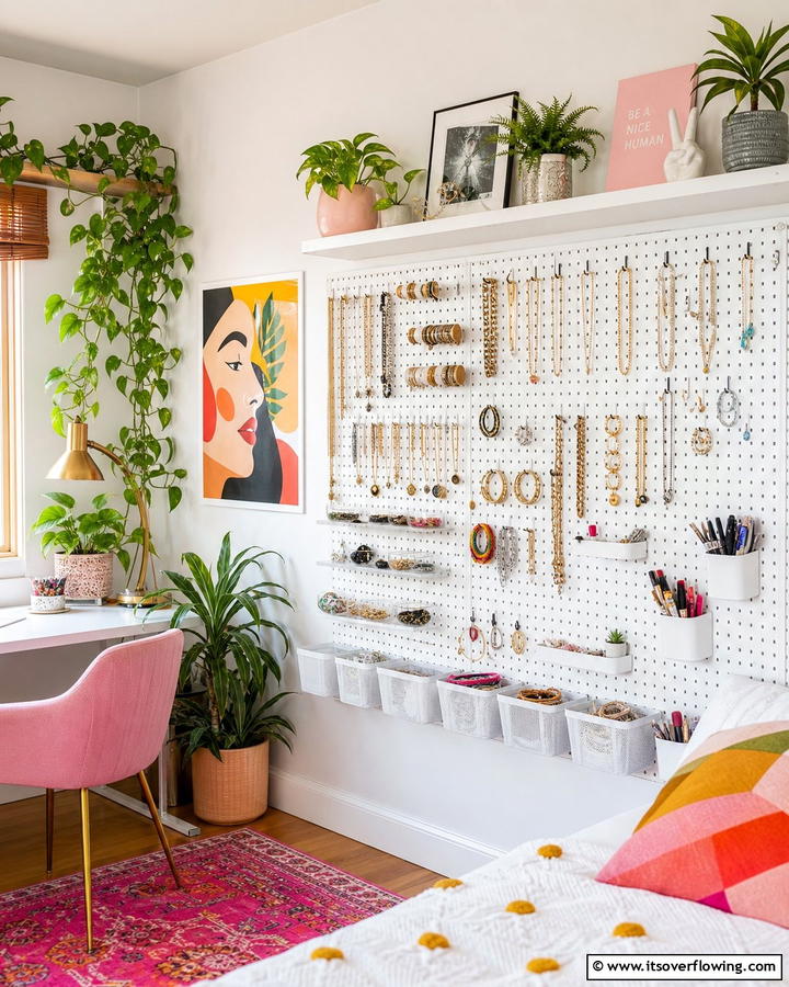 DIY Pegboard Jewelry Wall - 30 Innovative Jewelry Storage Ideas for Organized Accessories