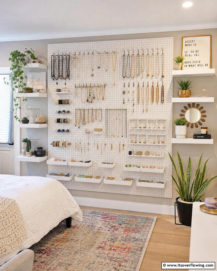 DIY Pegboard Jewelry Wall - 30 Clever Jewelry Storage Ideas to Keep Accessories Tidy