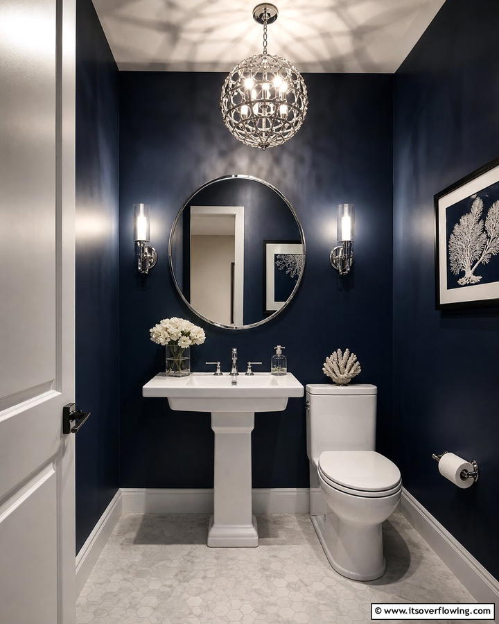 Dark Blue Drama - 20 Blue Powder Room Ideas- Small Space, Big Style