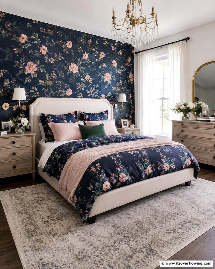 Dark Blue Floral Patterns - 25 Dark Blue Bedroom Ideas for Cozy Nights