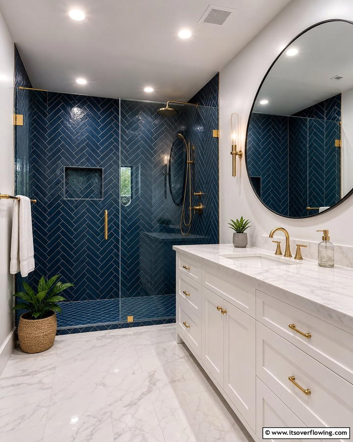 Dark Blue Herringbone Patterns - 25 Stunning Blue Tile Bathroom Ideas for a Fresh Look