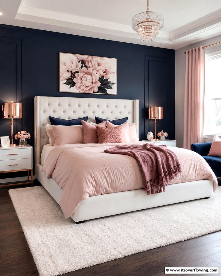 Dark Blue and Blush Pink Combination - 25 Dark Blue Bedroom Ideas for Cozy Nights