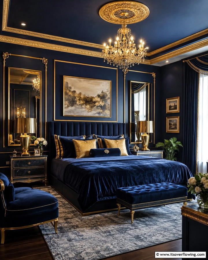 Dark Blue and Gold Accents - 25 Dark Blue Bedroom Ideas for Cozy Nights
