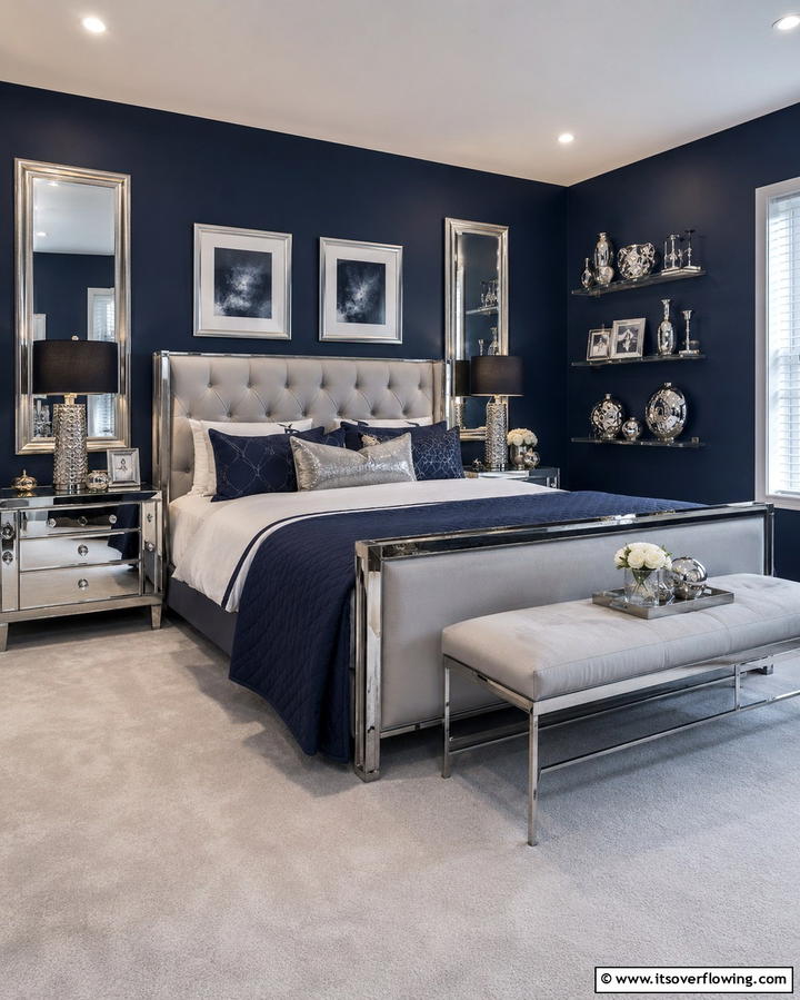 Dark Blue and Silver Accents - 25 Dark Blue Bedroom Ideas for Cozy Nights