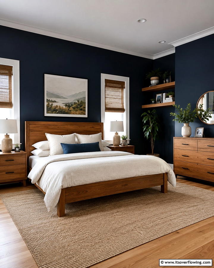 Dark Blue and Wooden Elements - 25 Dark Blue Bedroom Ideas for Cozy Nights
