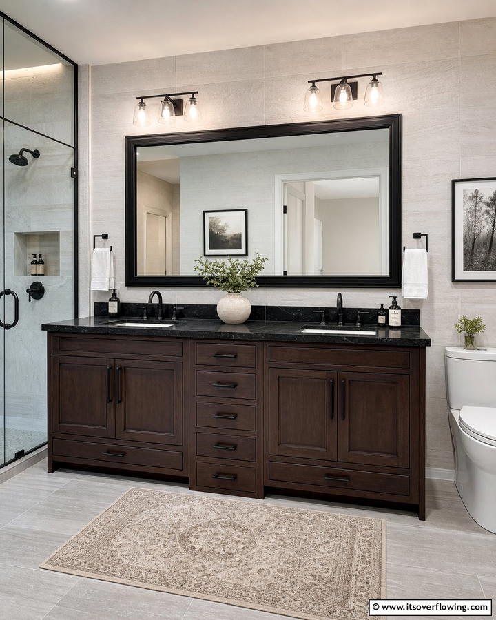 Dark Brown Vanity with Black Countertop - 20 Modern Brown and Black Bathroom Ideas for a Bold Design