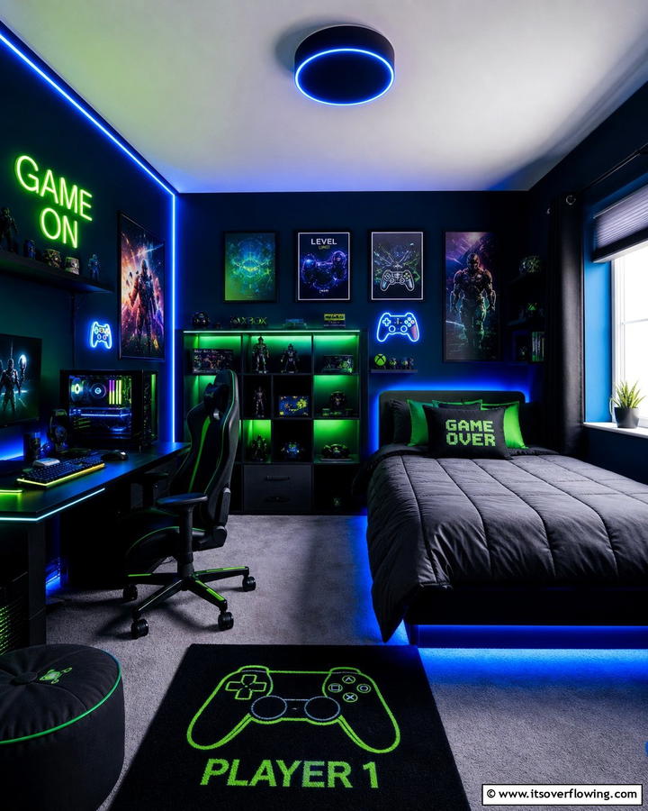 Dark Color Scheme with Neon Accents - 25 Boys Gaming Bedroom Ideas for the Ultimate Gaming Setup