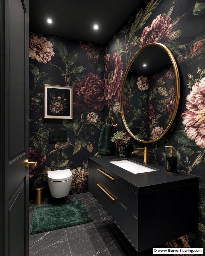 Dark Floral Motifs - 25 Elegant Black Powder Room Ideas for a Bold Look