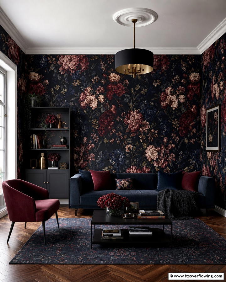 Dark Floral Wallpaper for Depth - 25 Dark Living Room Ideas for a Moody and Chic Space