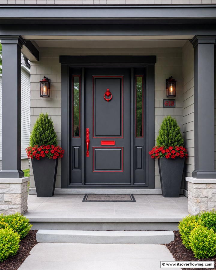 Dark Gray with Bold Red Accents - 20 Dark Gray Front Door Ideas for a Modern Entryway