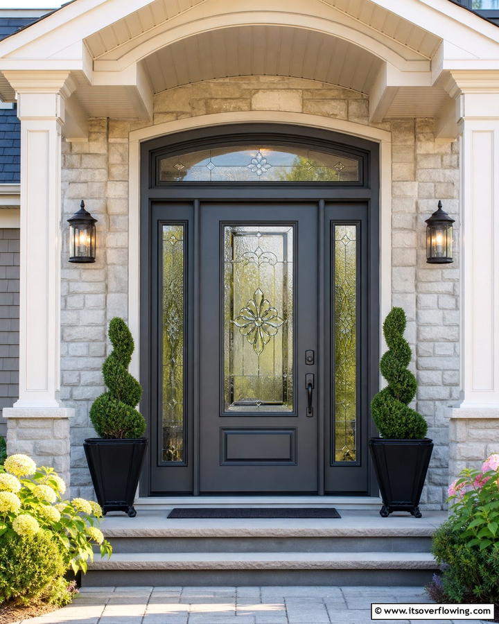 Dark Gray with Decorative Glass Insets - 20 Dark Gray Front Door Ideas for a Modern Entryway