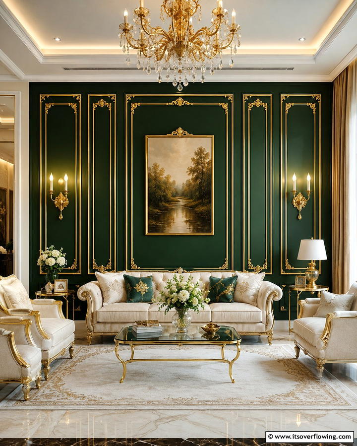 Dark Green Accent Wall with Gold Accents - 30 Rich Dark Green Living Room Designs for Cozy Elegance