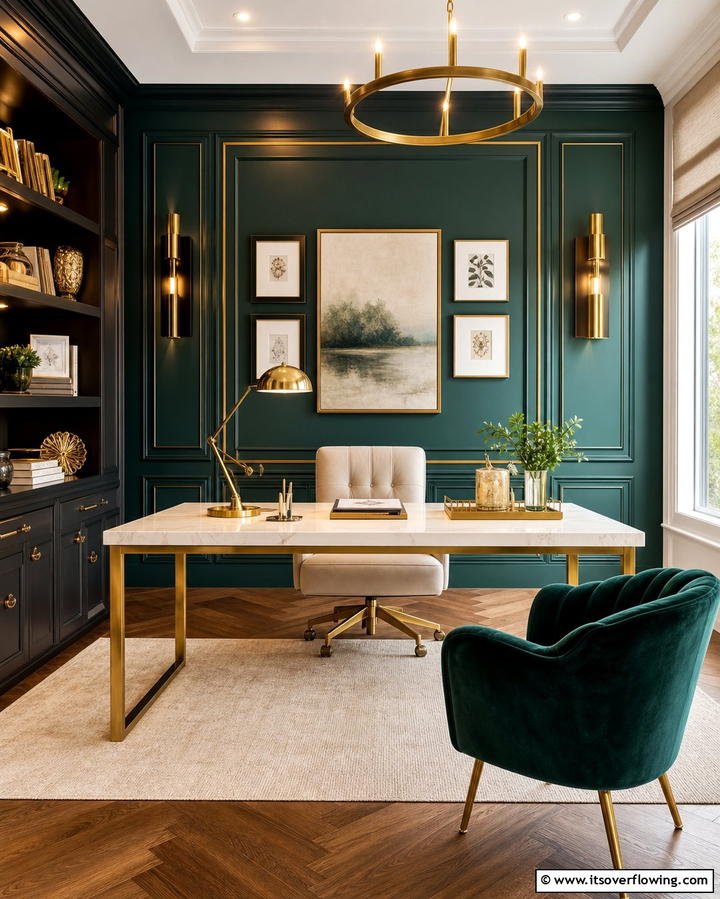 Dark Green Accent Wall with Gold Accents - 25 Dark Green Office Ideas for a Sophisticated Look