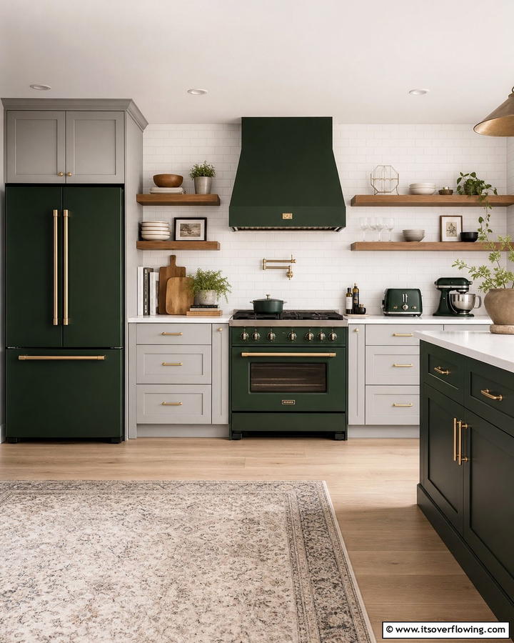 Dark Green Appliances Statement - 21 Dark Green Kitchen Ideas for Bold Cabinetry