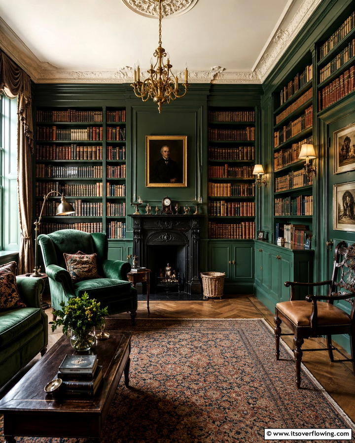 Dark Green Bookcases - 25 Victorian Dark Green Living Room Ideas for Drama