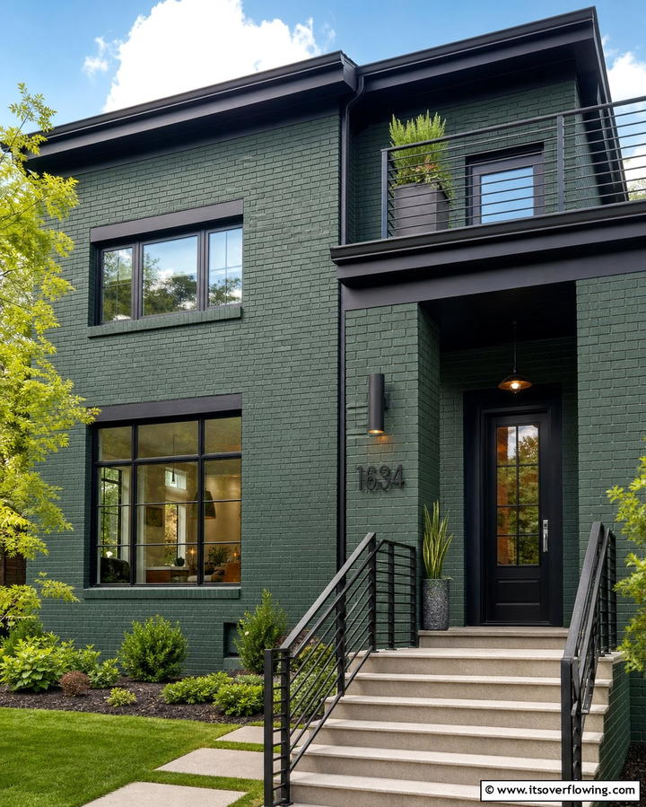 Dark Green Brick with Black Accents - 30 Green Brick Exterior Home Design Ideas for Modern Houses