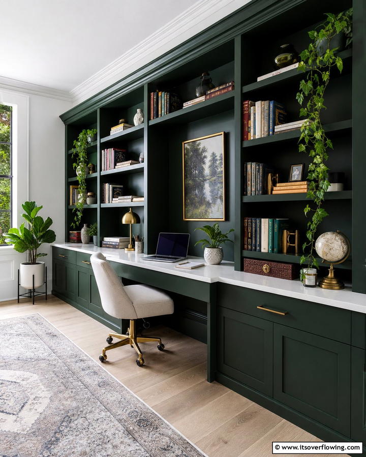Dark Green Built In Shelves for Storage - 25 Dark Green Office Ideas for a Sophisticated Look