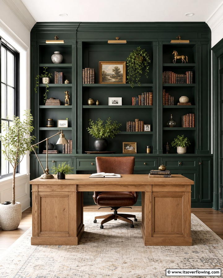 Dark Green Built In Shelves - 25 Dark Green Office Ideas for a Sophisticated Look