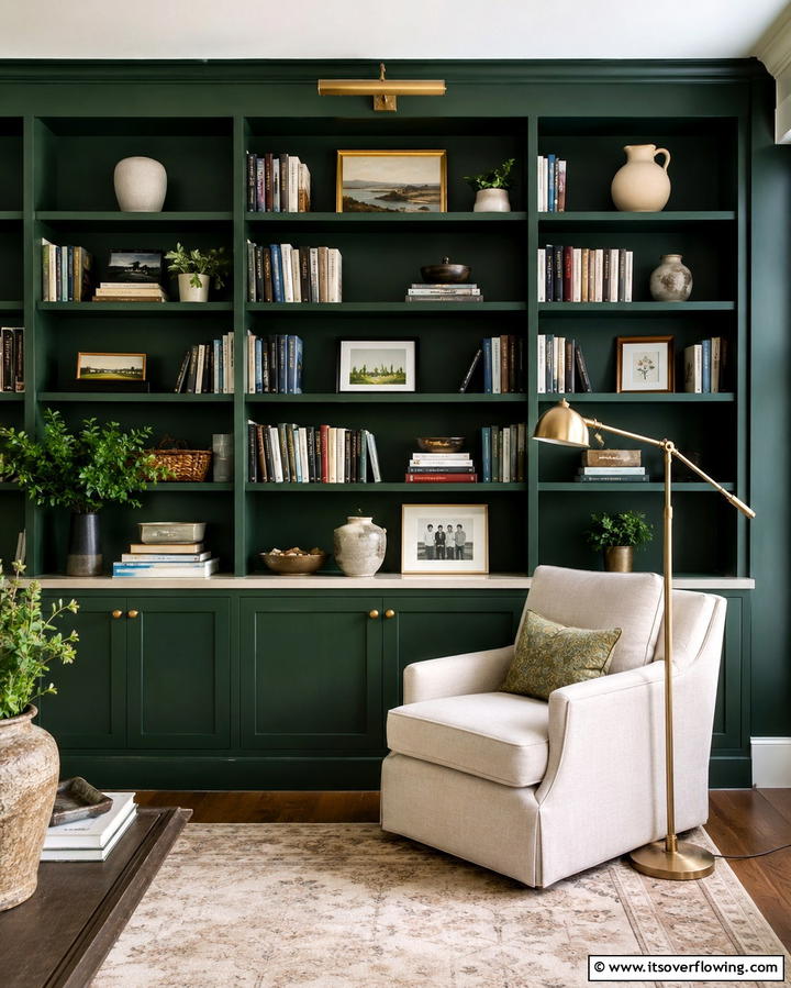 Dark Green Built In Shelving - 30 Rich Dark Green Living Room Designs for Cozy Elegance