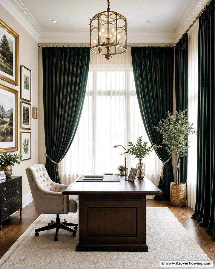 Dark Green Curtains for a Dramatic Effect - 25 Dark Green Office Ideas for a Sophisticated Look