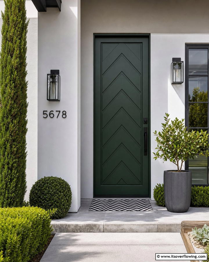 Dark Green Door with Chevron Patterned Panels - 20 Stunning Dark Green Front Door Ideas for Curb Appeal