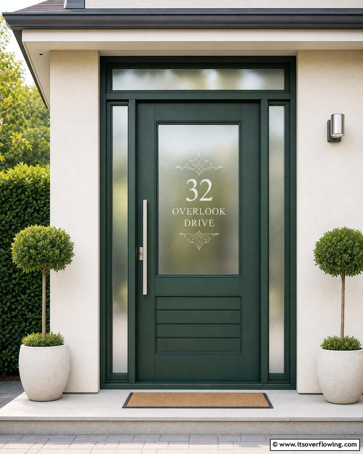 Dark Green Door with White Frosted Lettering - 20 Stunning Dark Green Front Door Ideas for Curb Appeal