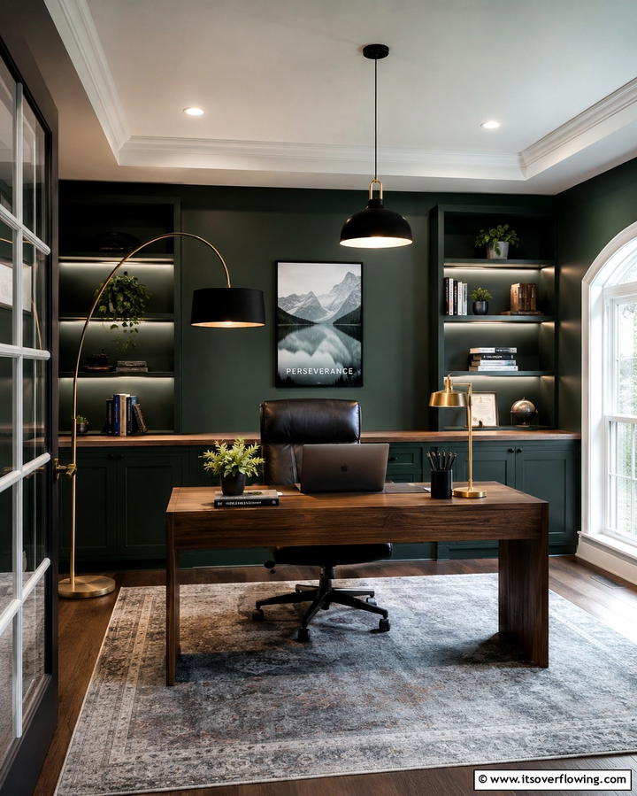 Dark Green Lighting Focus - 30 Rich Dark Green Home Office Designs for a Focused Workspace