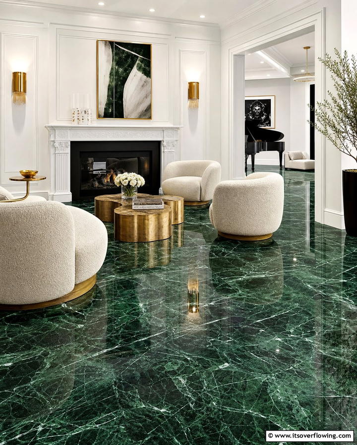 Dark Green Marble for a Bold Statement - 25 Marble Floor Living Room Ideas for a Luxurious Space