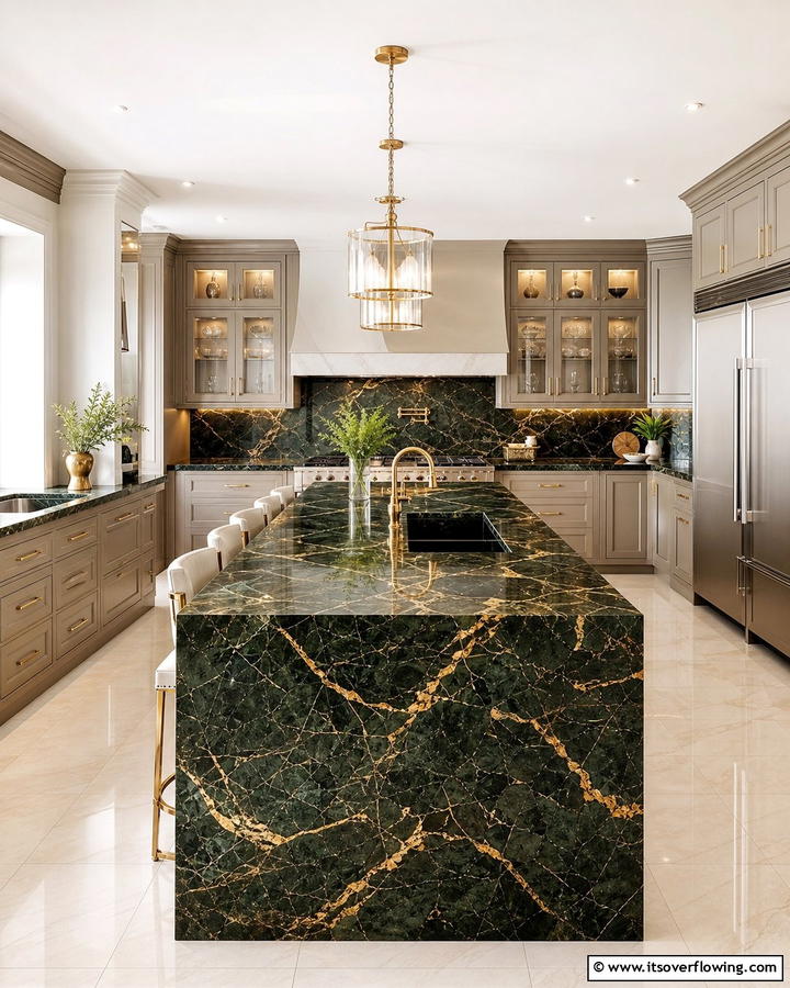 Dark Green Marble with Gold Veining - 20 Green Marble Countertop Design Ideas for Kitchens