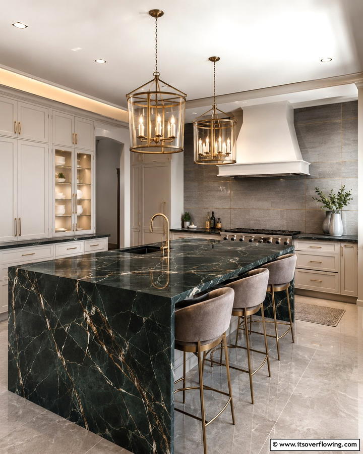 Dark Green Marble with Veins for Elegance - 25 Kitchen With Green Countertops Ideas for Freshness