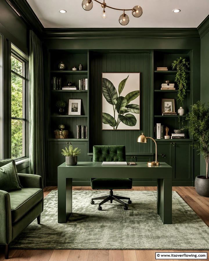 Dark Green Monochrome Look - 30 Rich Dark Green Home Office Designs for a Focused Workspace