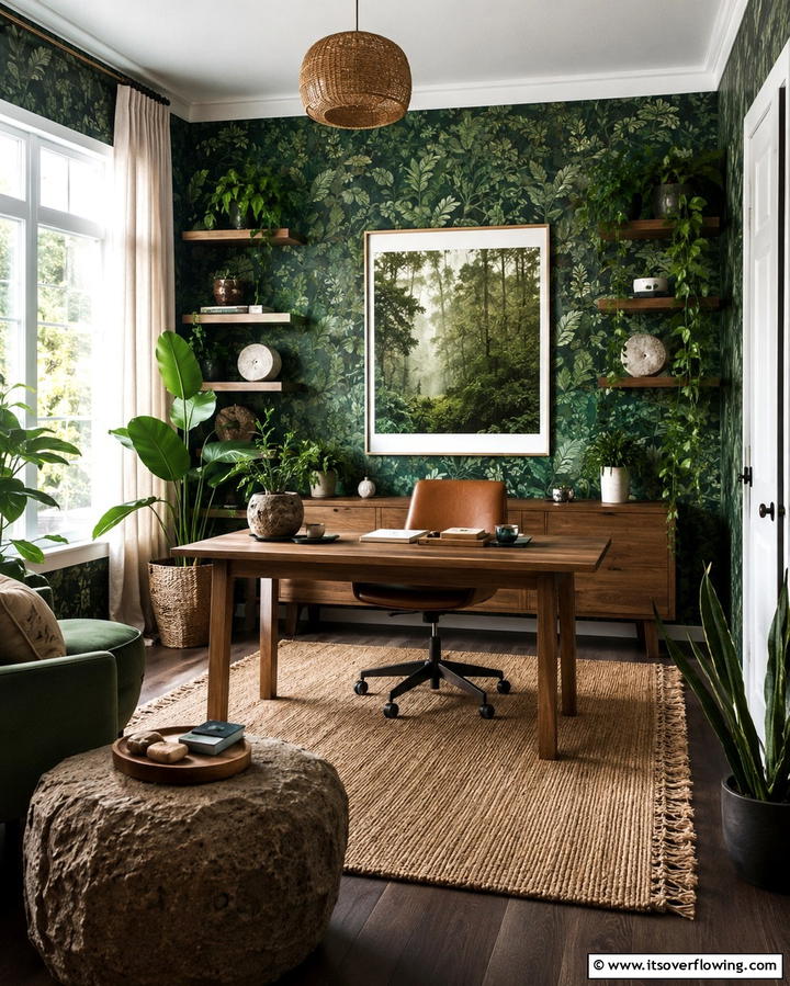 Dark Green Nature Inspired Decor - 30 Rich Dark Green Home Office Designs for a Focused Workspace