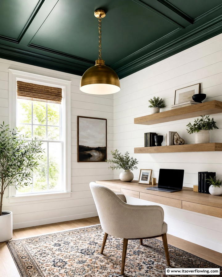 Dark Green Painted Ceiling for Depth - 25 Dark Green Office Ideas for a Sophisticated Look