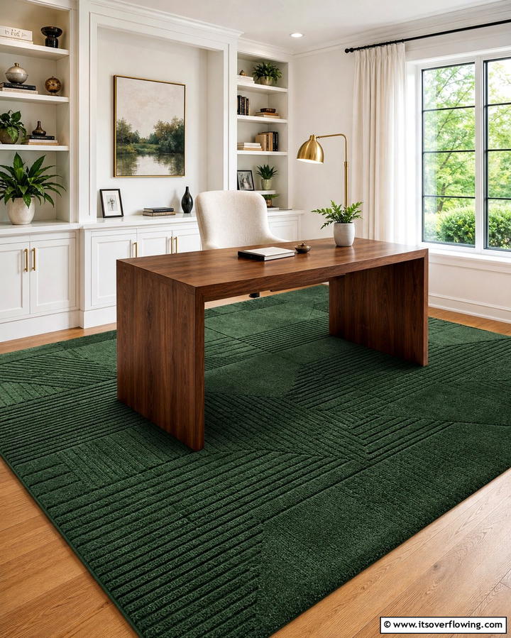 Dark Green Rug to Anchor the Space - 25 Dark Green Office Ideas for a Sophisticated Look