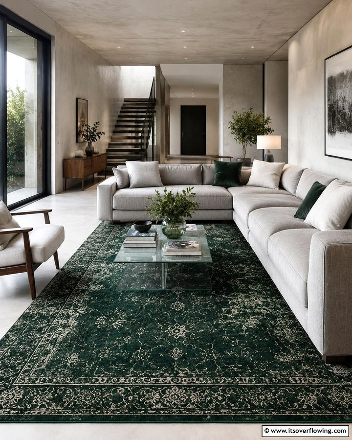 Dark Green Statement Rug - 30 Rich Dark Green Living Room Designs for Cozy Elegance