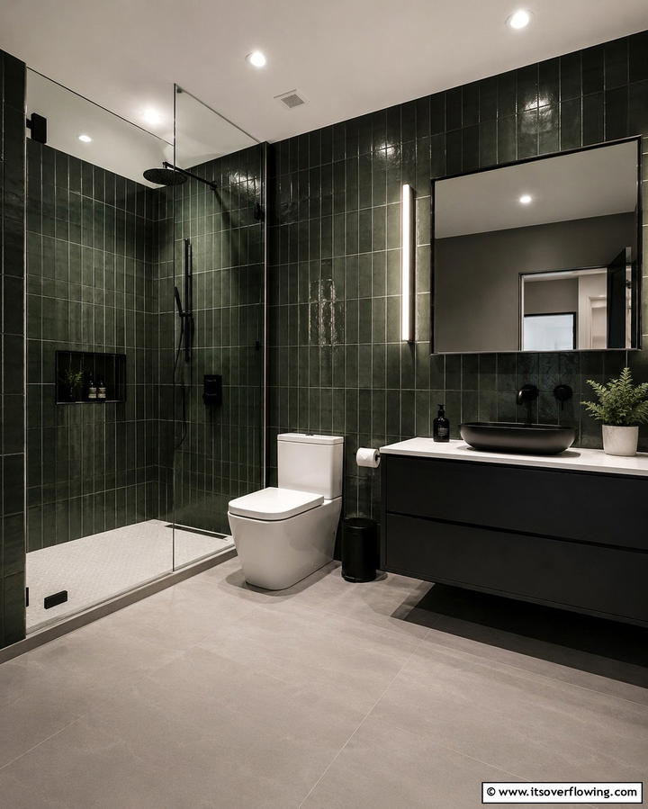 Dark Green Tiles with Matte Black Fixtures - 30 Green Tile Bathroom Inspiration Ideas for Bold Spaces