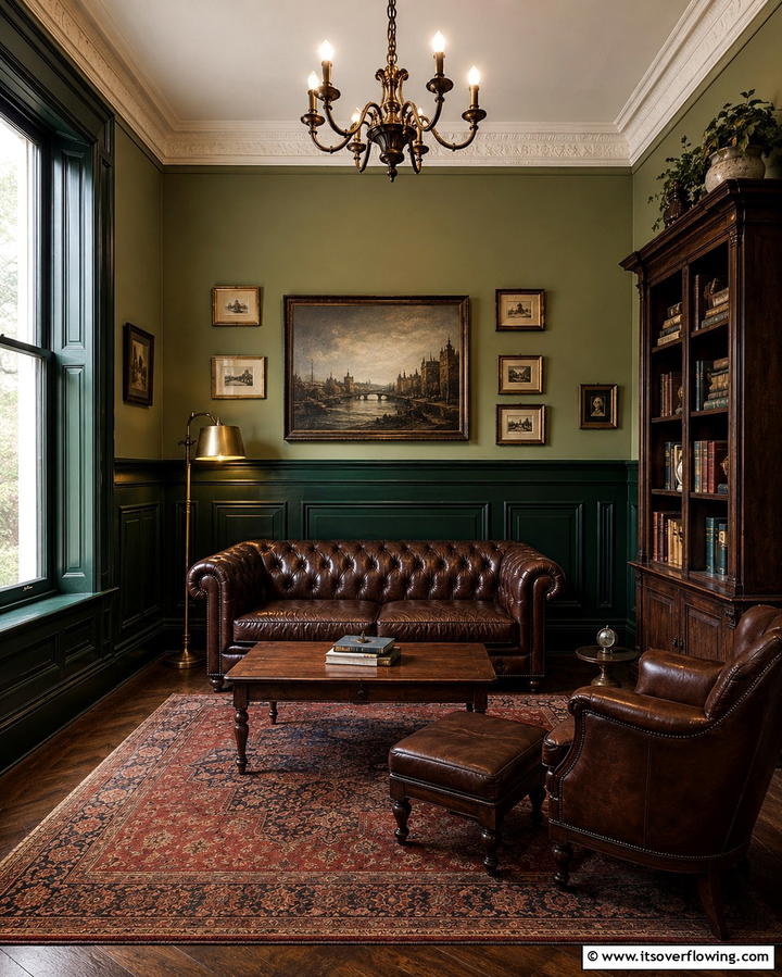 Dark Green Wainscoting - 25 Victorian Dark Green Living Room Ideas for Drama
