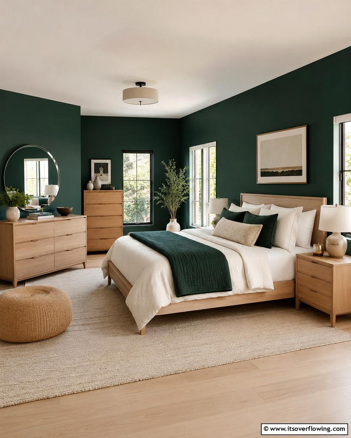 Dark Green Walls with Light Brown Furniture - 25 Green and Brown Bedroom Ideas for Earthy Vibes