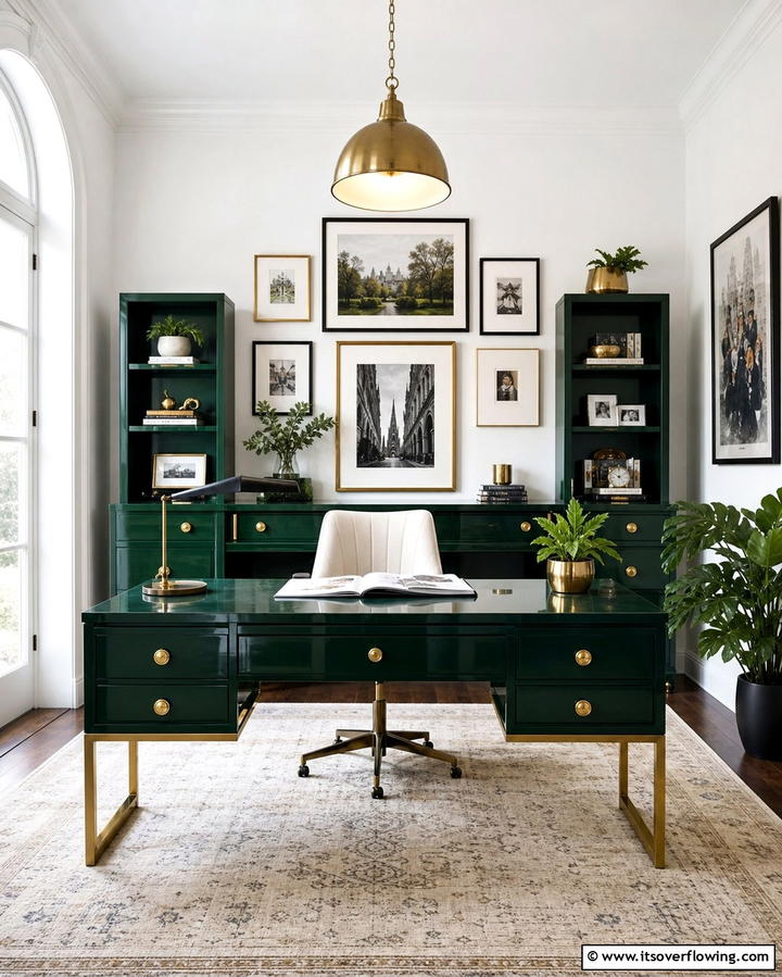 Dark Green and Brass Desk Combination - 25 Dark Green Office Ideas for a Sophisticated Look