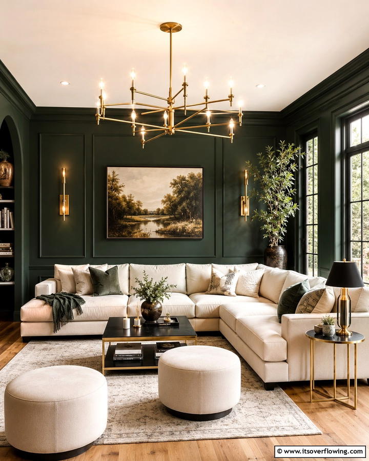 Dark Green and Brass Lighting FixturesExact - 30 Rich Dark Green Living Room Designs for Cozy Elegance