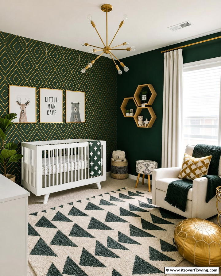 Dark Green and Geometric Patterns - 20 Dark Green Nursery Ideas for a Calming Space