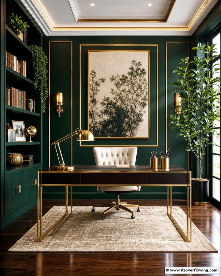 Dark Green and Gold Accents - 25 Dark Green Office Ideas for a Sophisticated Look
