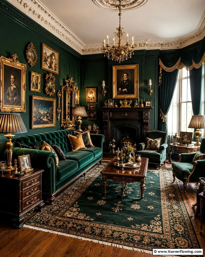 Dark Green and Gold Accents - 25 Victorian Dark Green Living Room Ideas for Drama