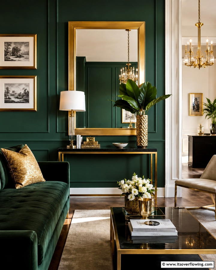 Dark Green and Gold Accents - 30 Rich Dark Green Living Room Designs for Cozy Elegance